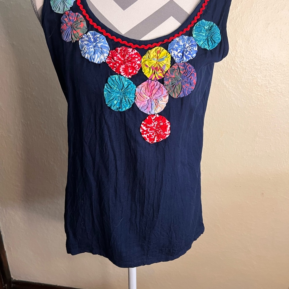 Go FISH Navy Sleeveless Tank. Red Ric Rac and fabric flower accents. Large. NWOT